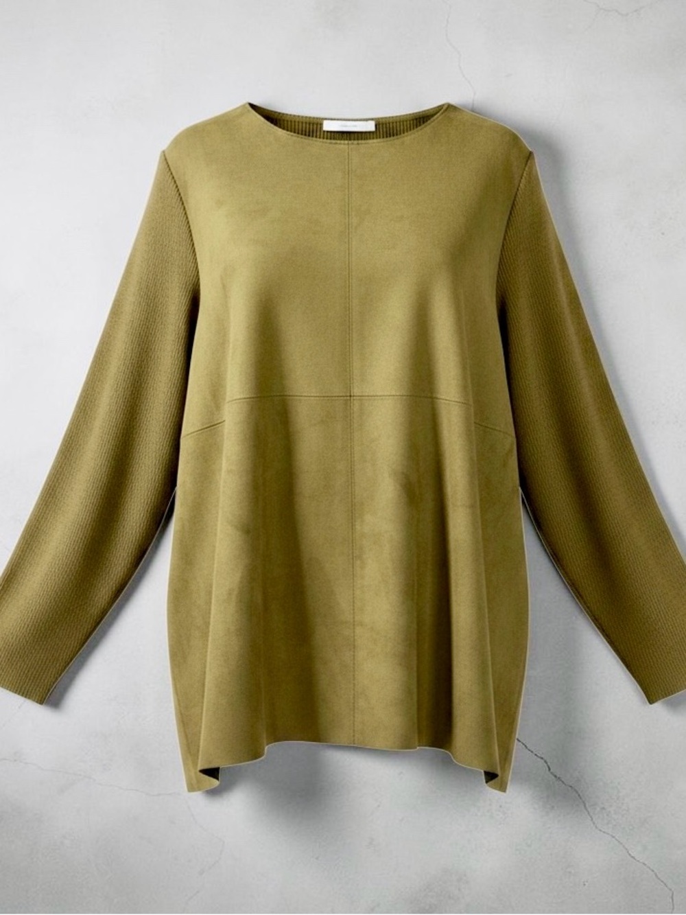 Siani Milano Plus 4XL Faux Suede Ribbed Knit Panel Top Blouse Olive Green GUC